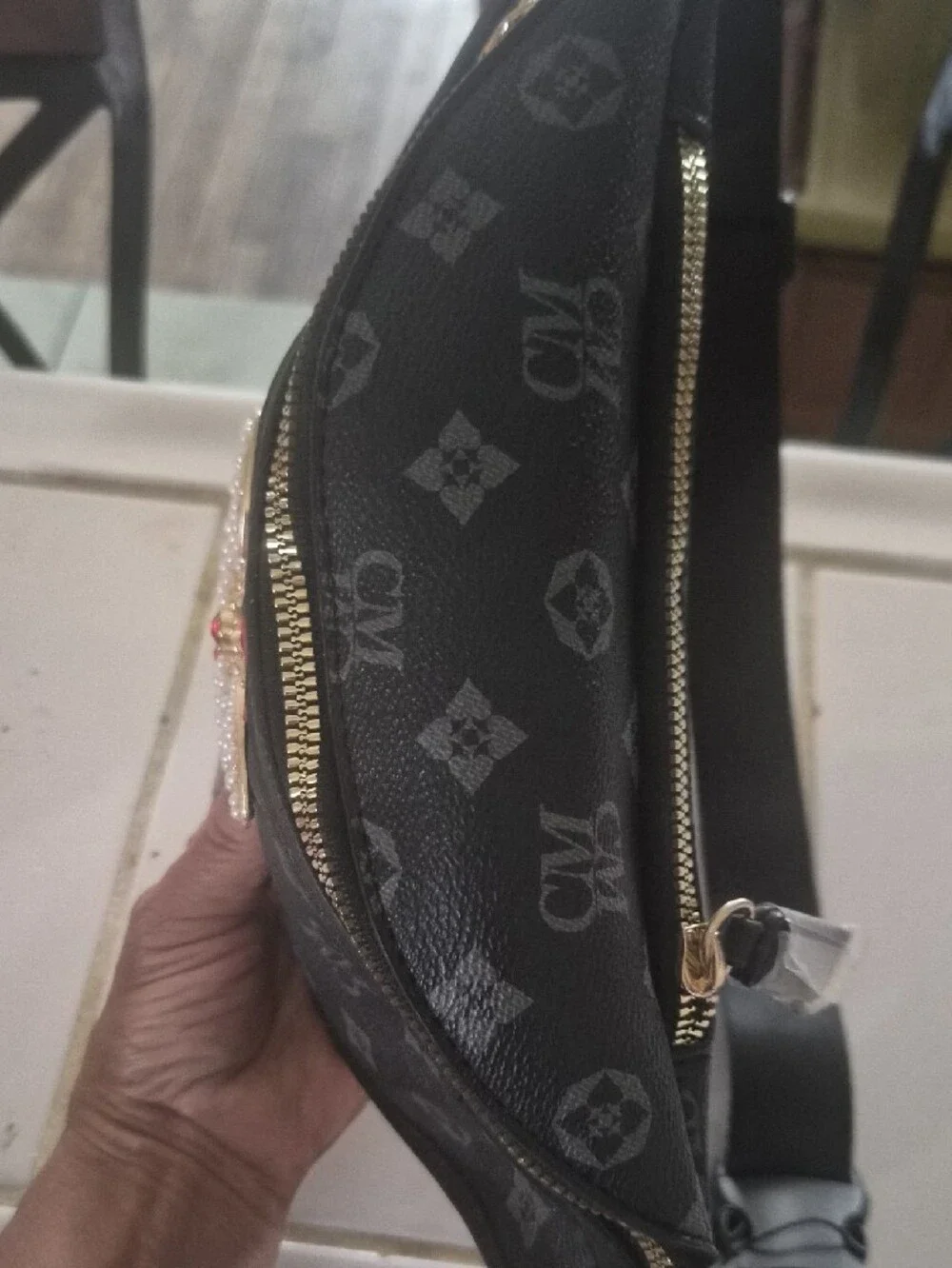 Charisma Black Crossbody Belt Bag with Red and Green Stripe and Pearl Bee